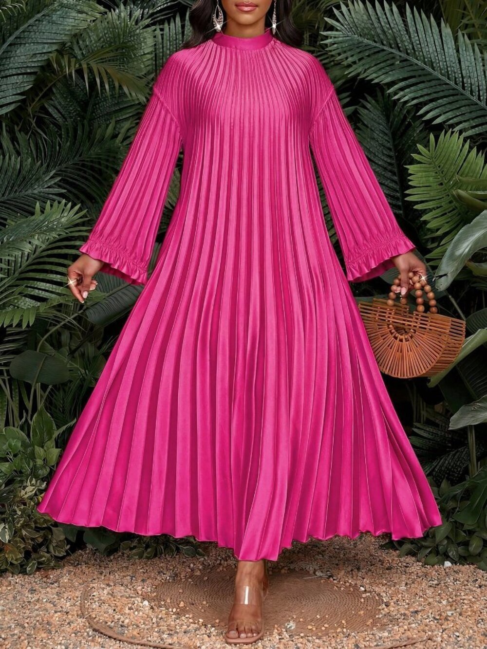Hot Pink Casual Women's Plus Size Long Sleeve Pleated Maxi Dress